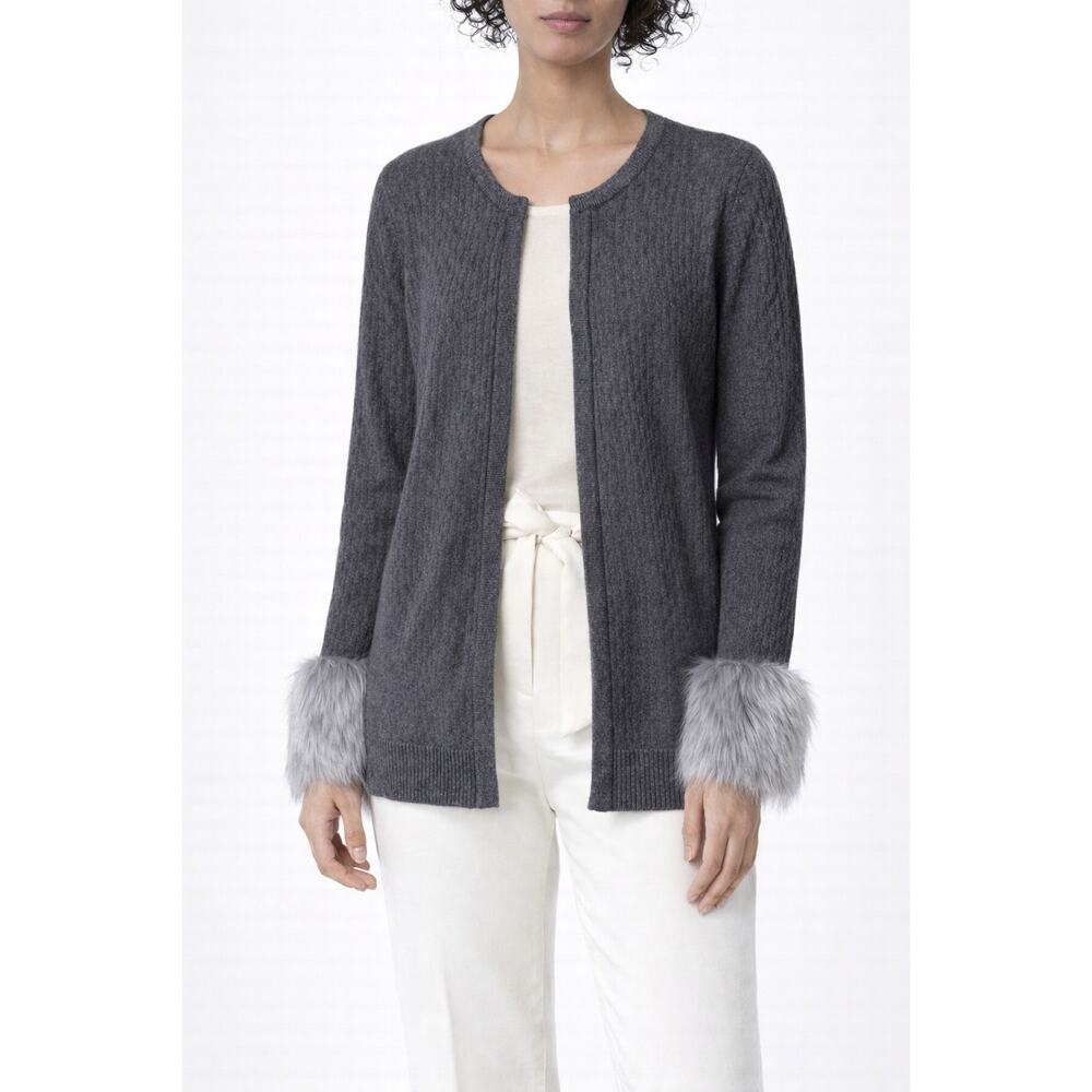 Chaus Gray Faux Fur Cuff Cardigan Sweater Women’s Size S